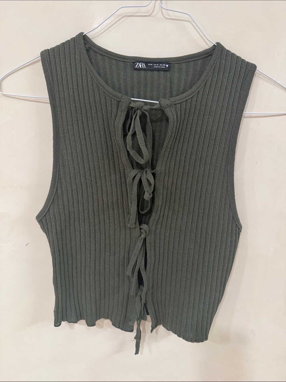 ZARA Olive Ribbed Lace-Up Front Tank
